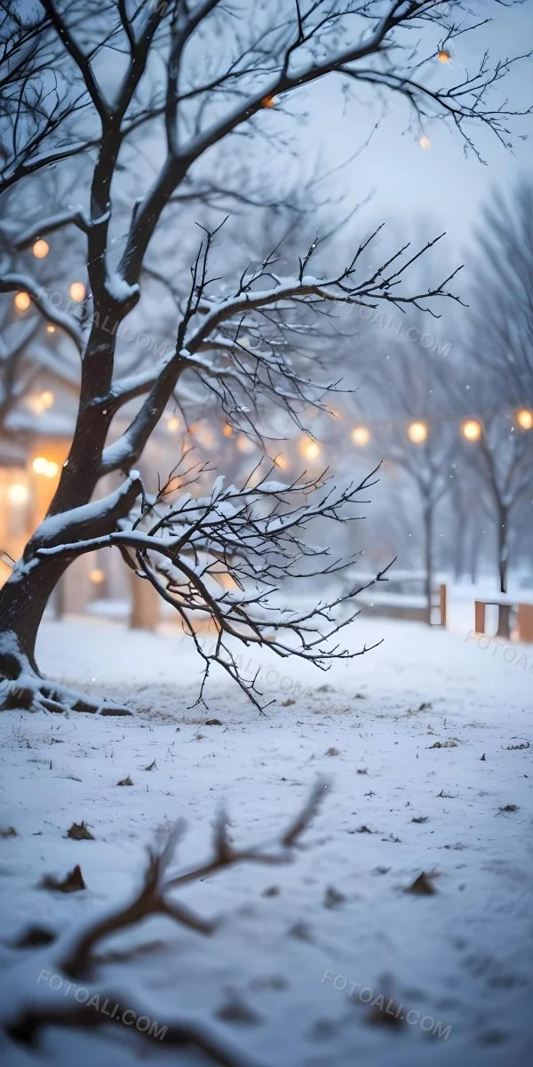 Blurred Winter Landscape With Falling Snow Bare Tree Branches And Warm Bokeh Lights In The Background 20 86c0