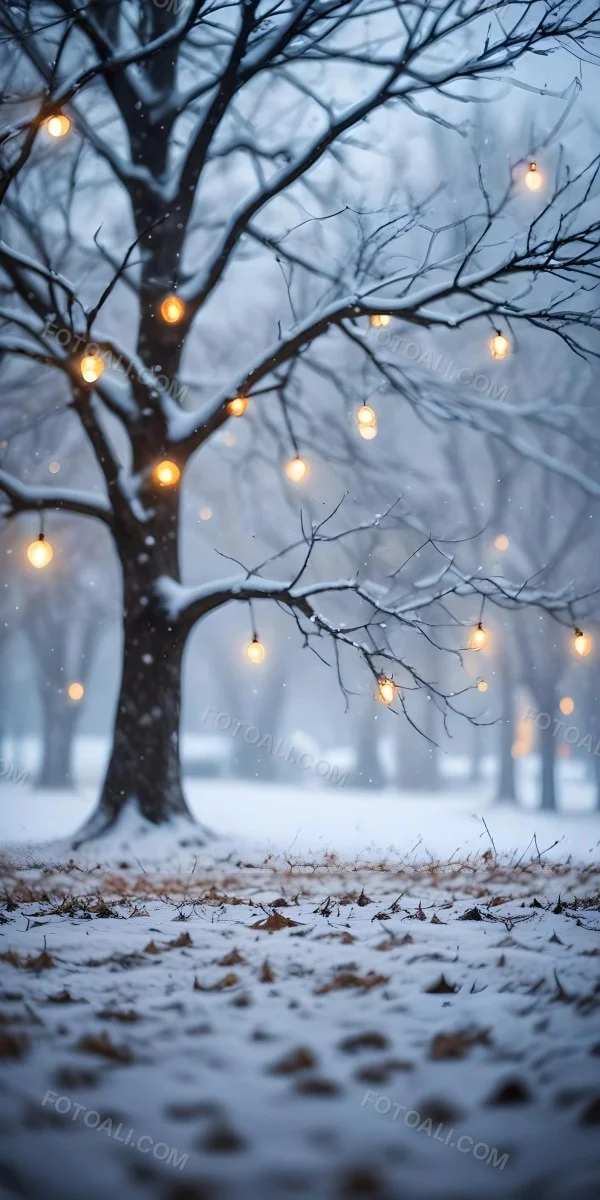 Blurred Winter Landscape With Falling Snow Bare Tree Branches And Warm Bokeh Lights In The Background 21 B9e4