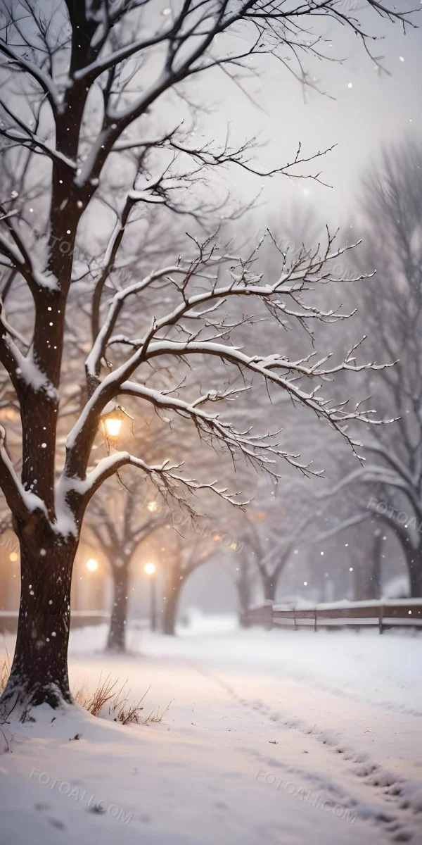 Blurred Winter Landscape With Falling Snow Bare Tree Branches And Warm Bokeh Lights In The Background 25 0b03