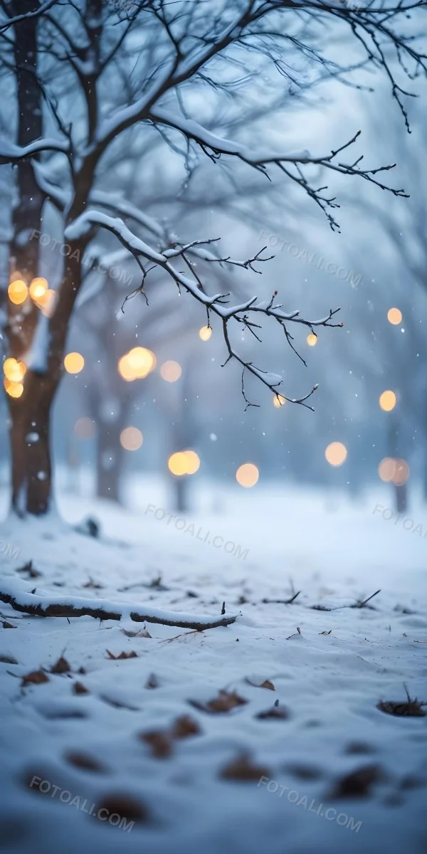 Blurred Winter Landscape With Falling Snow Bare Tree Branches And Warm Bokeh Lights In The Background 27 D869