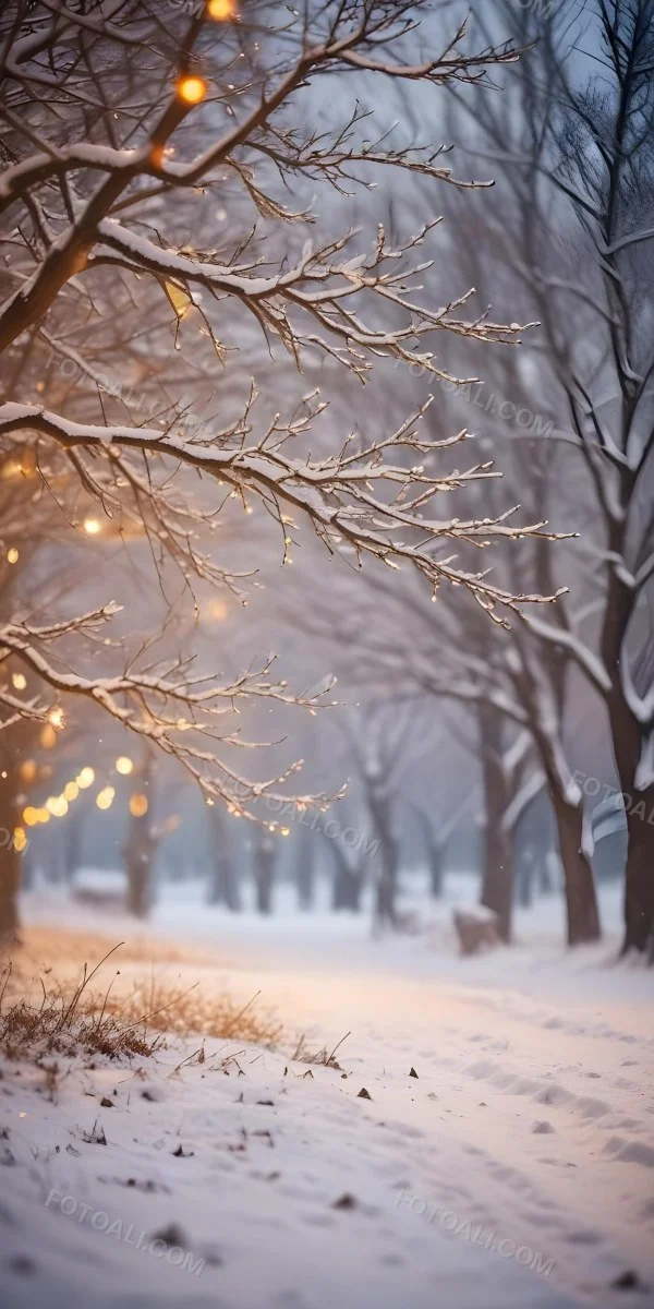 Blurred Winter Landscape With Falling Snow Bare Tree Branches And Warm Bokeh Lights In The Background 3 B94a