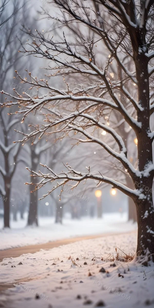 Blurred Winter Landscape With Falling Snow Bare Tree Branches And Warm Bokeh Lights In The Background 30 0749