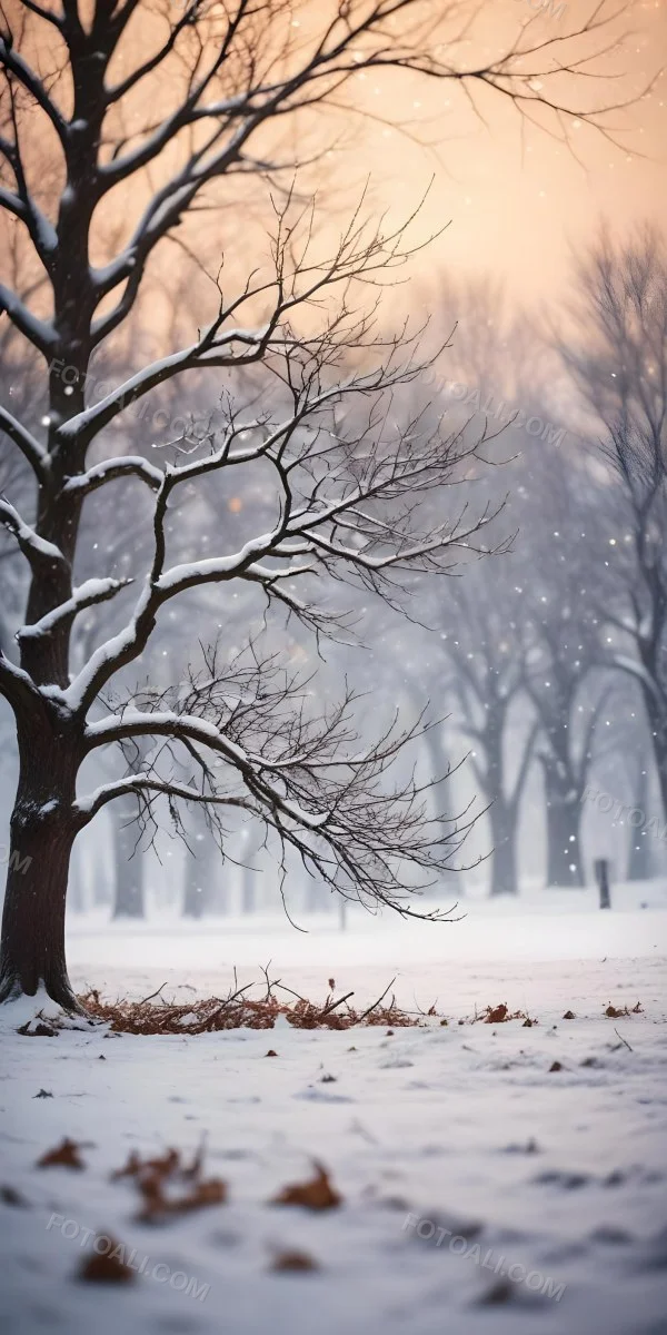 Blurred Winter Landscape With Falling Snow Bare Tree Branches And Warm Bokeh Lights In The Background 31 C7ab