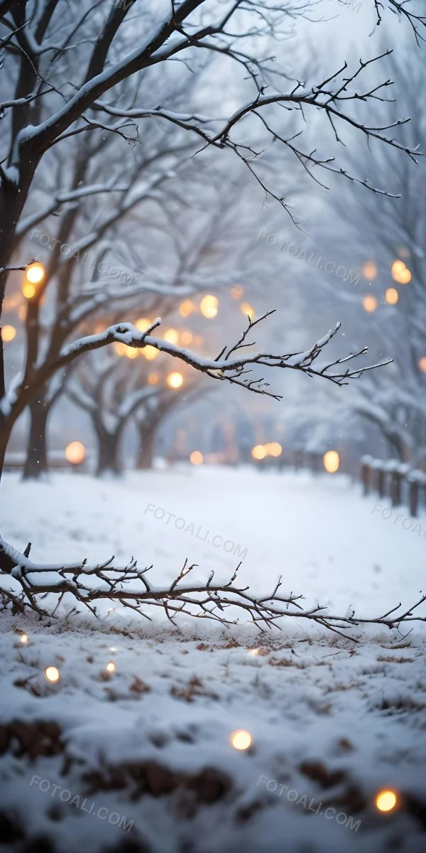 Blurred Winter Landscape With Falling Snow Bare Tree Branches And Warm Bokeh Lights In The Background 32 57e0