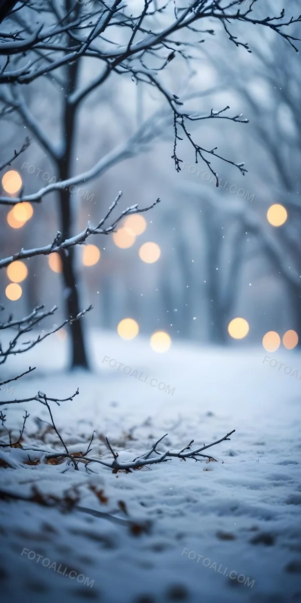 Blurred Winter Landscape With Falling Snow Bare Tree Branches And Warm Bokeh Lights In The Background 34 6ac6