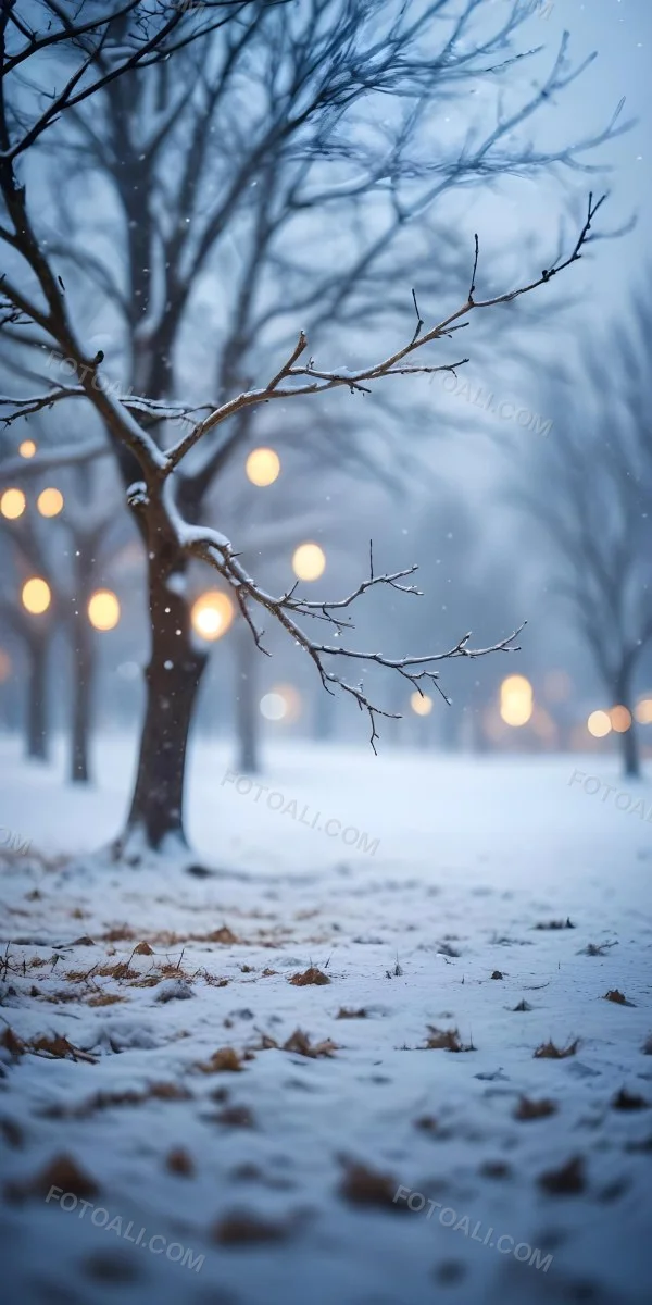 Blurred Winter Landscape With Falling Snow Bare Tree Branches And Warm Bokeh Lights In The Background 36 4f94