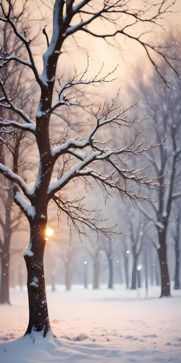 Blurred Winter Landscape With Falling Snow Bare Tree Branches And Warm Bokeh Lights In The Background 4 385e