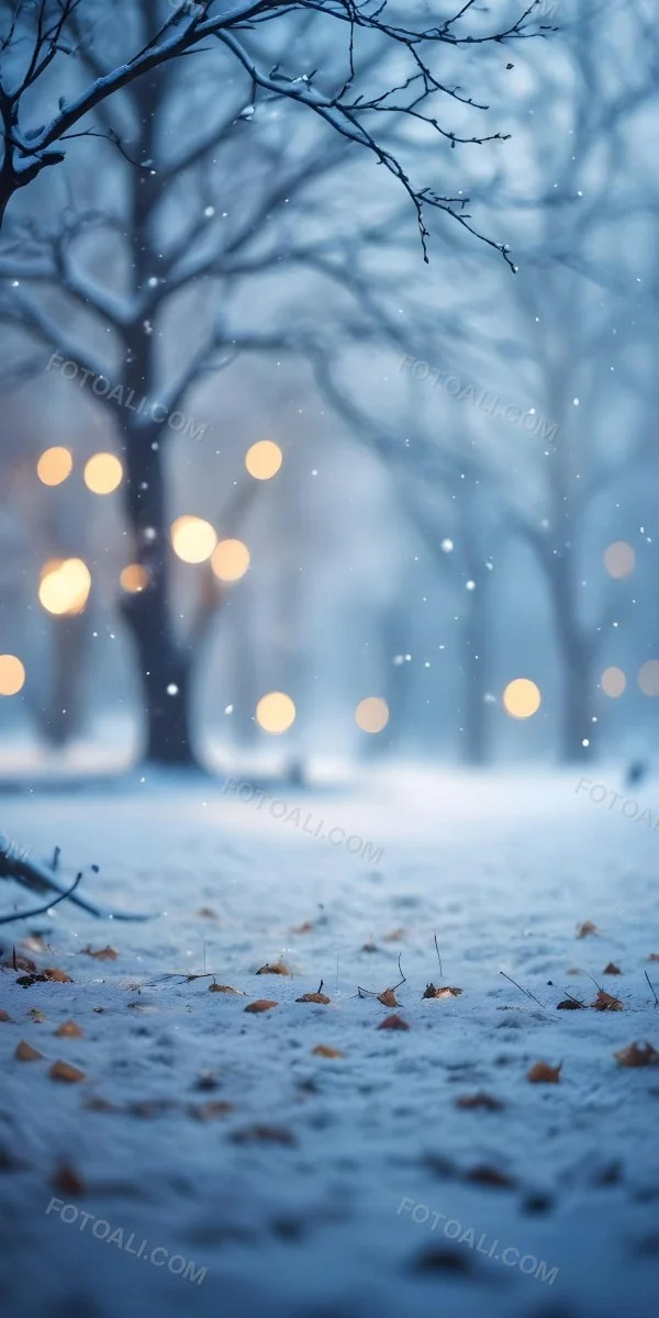 Blurred Winter Landscape With Falling Snow Bare Tree Branches And Warm Bokeh Lights In The Background 41 D802