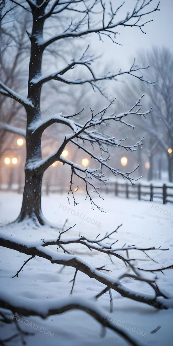 Blurred Winter Landscape With Falling Snow Bare Tree Branches And Warm Bokeh Lights In The Background 45 Ddf1