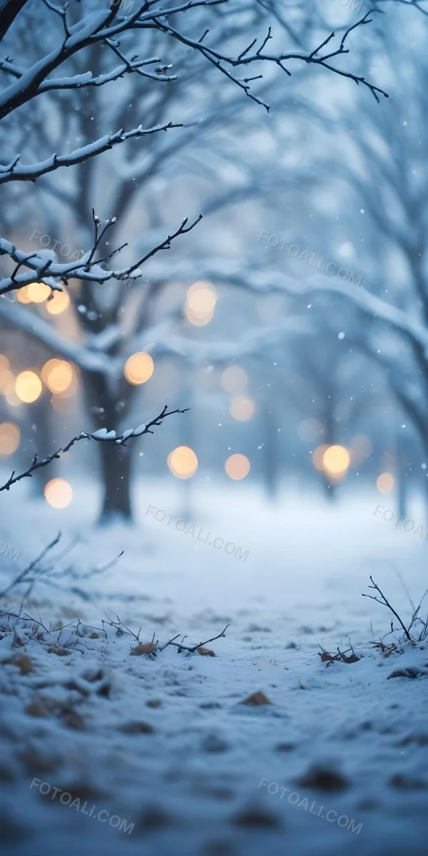 Blurred Winter Landscape With Falling Snow Bare Tree Branches And Warm Bokeh Lights In The Background 46 2127