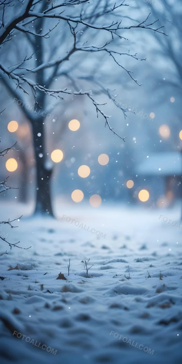 Blurred Winter Landscape With Falling Snow Bare Tree Branches And Warm Bokeh Lights In The Background 47 Ecaa