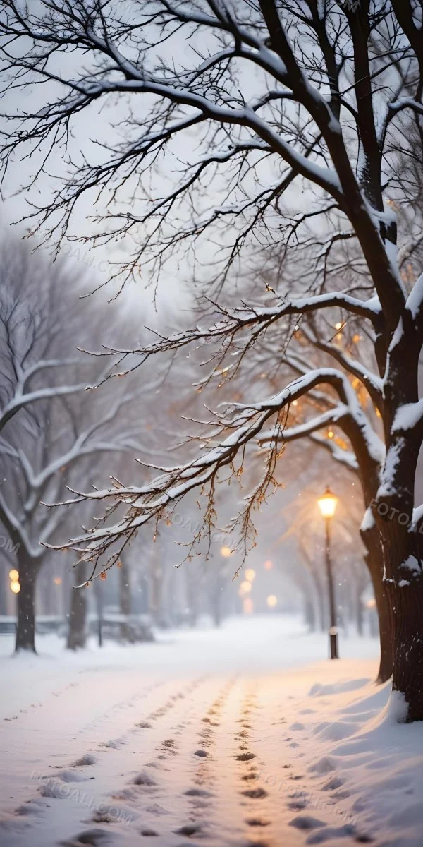 Blurred Winter Landscape With Falling Snow Bare Tree Branches And Warm Bokeh Lights In The Background 48 25ca