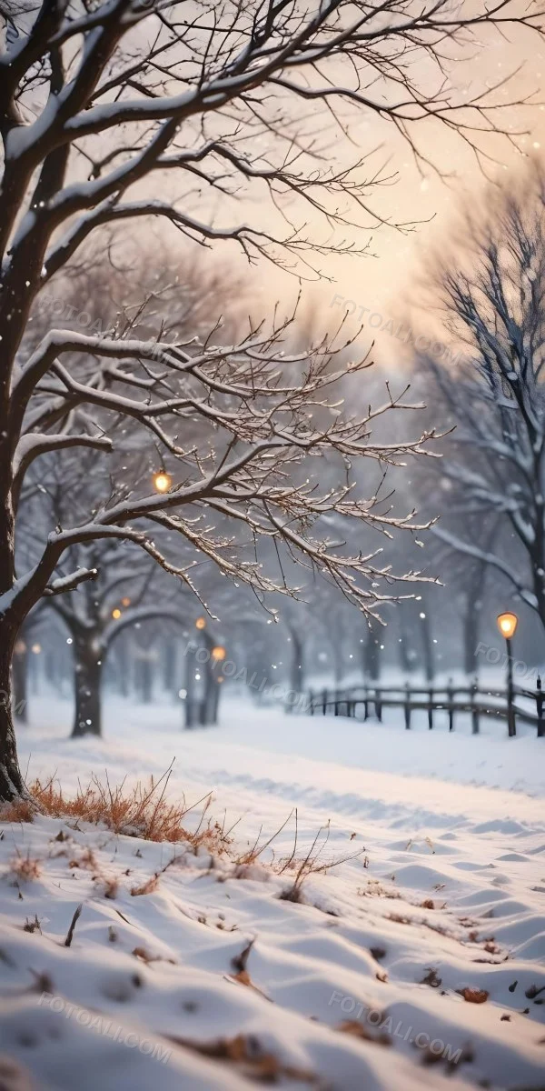 Blurred Winter Landscape With Falling Snow Bare Tree Branches And Warm Bokeh Lights In The Background 5 5e25