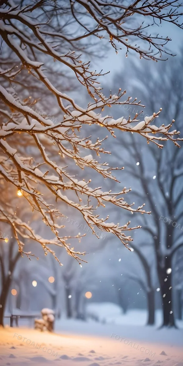 Blurred Winter Landscape With Falling Snow Bare Tree Branches And Warm Bokeh Lights In The Background 6 F1ae