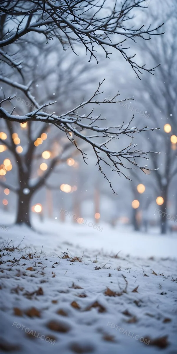 Blurred Winter Landscape With Falling Snow Bare Tree Branches And Warm Bokeh Lights In The Background 7 Cc55