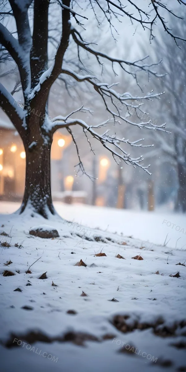 Blurred Winter Landscape With Falling Snow Bare Tree Branches And Warm Bokeh Lights In The Background 8 B246