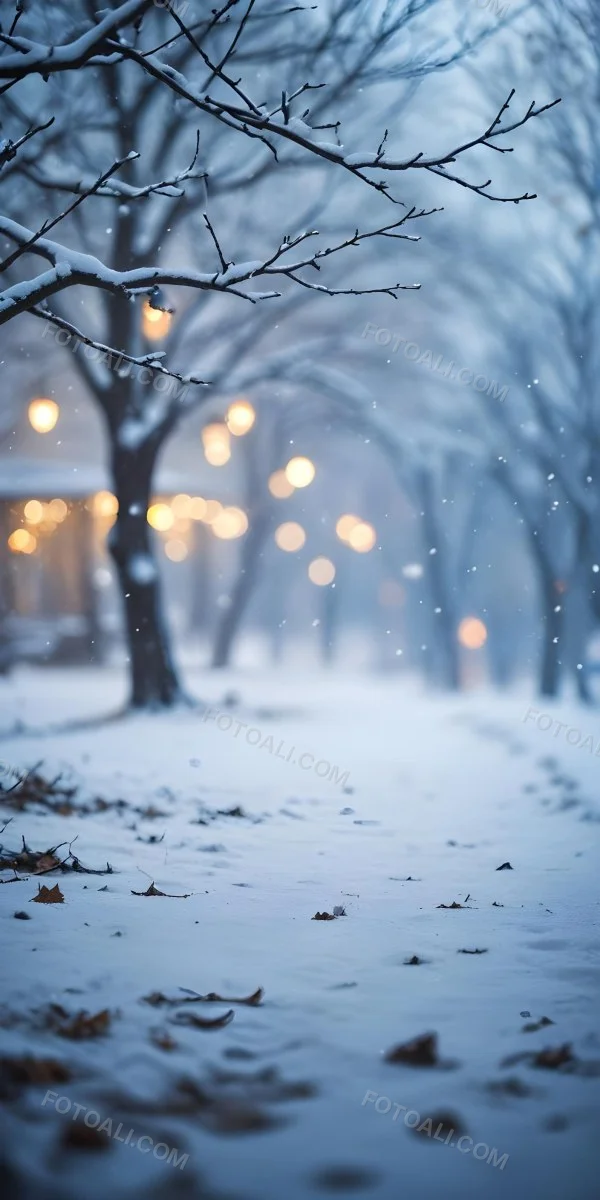 Blurred Winter Landscape With Falling Snow Bare Tree Branches And Warm Bokeh Lights In The Background 9 274c
