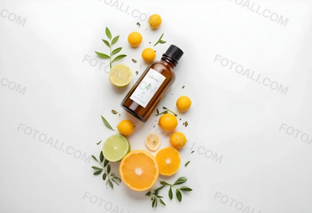 Bottle Of Essential Oil Surrounded By Fresh Citrus Fruits Leaves And Herbs On A White Background 12
