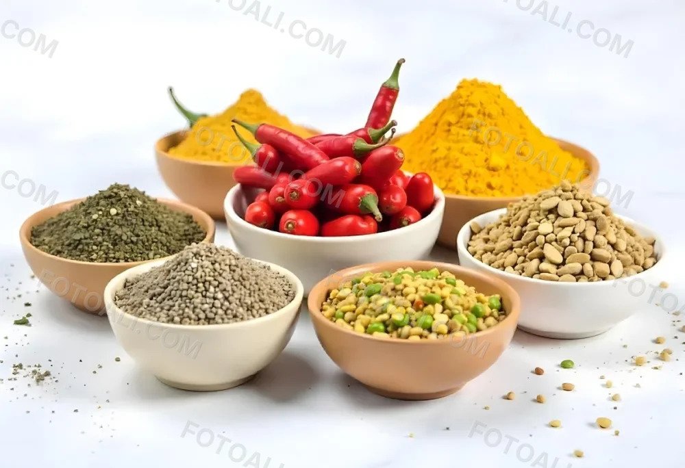 Bowls Of Spices Including Turmeric Chili Peppers Cumin Coriander And Other Ingredients Arranged On A White Surface Creating A Vibrant And Colorful Display Of Culinary Ingredients 16 4664