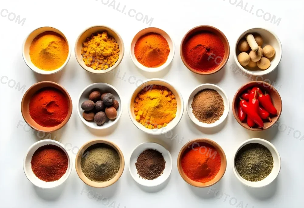 Bowls Of Spices Including Turmeric Chili Peppers Cumin Coriander And Other Ingredients Arranged On A White Surface Creating A Vibrant And Colorful Display Of Culinary Ingredients 17 51b0
