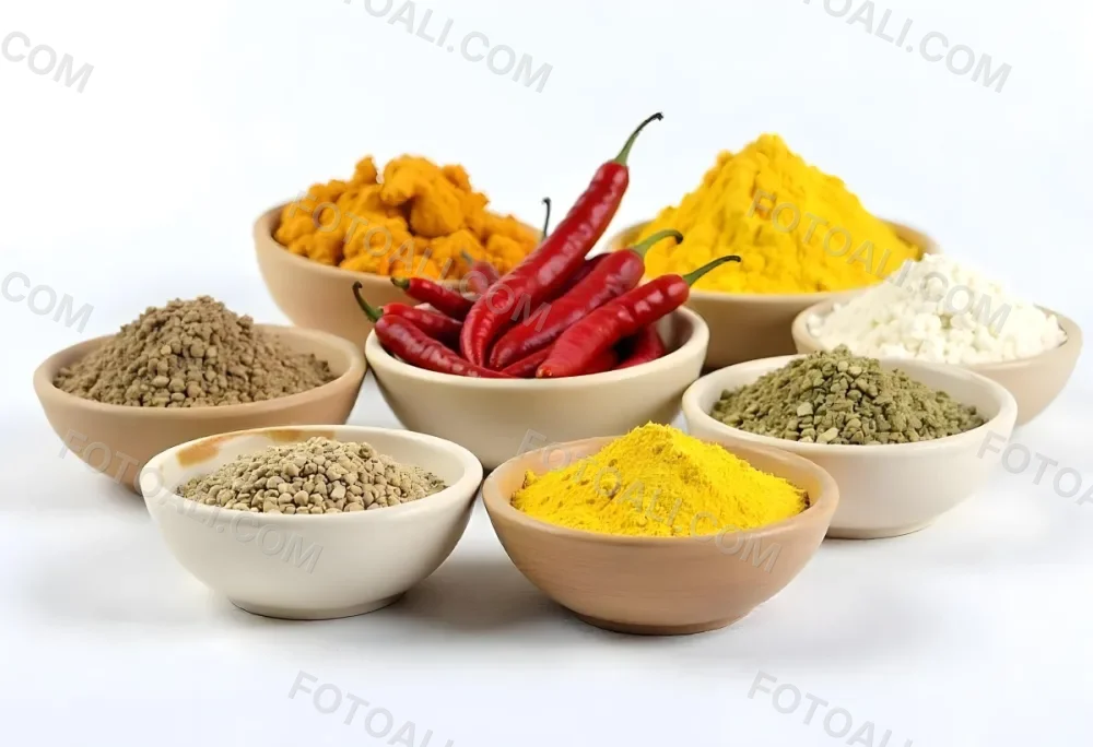 Bowls Of Spices Including Turmeric Chili Peppers Cumin Coriander And Other Ingredients Arranged On A White Surface Creating A Vibrant And Colorful Display Of Culinary Ingredients 18 D0d3