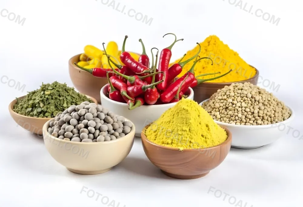 Bowls Of Spices Including Turmeric Chili Peppers Cumin Coriander And Other Ingredients Arranged On A White Surface Creating A Vibrant And Colorful Display Of Culinary Ingredients 20 Ca4d