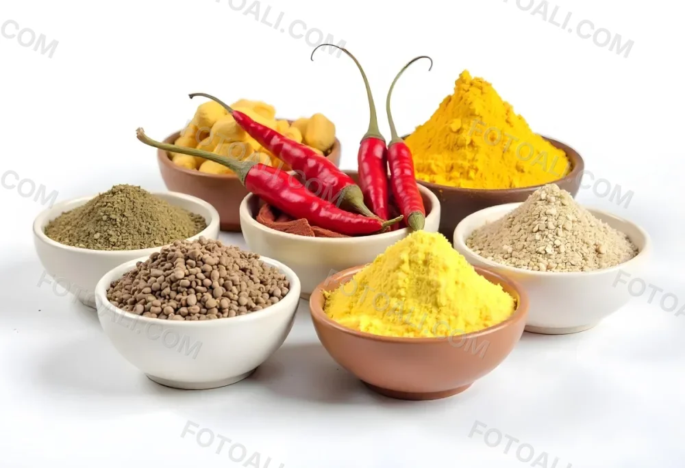 Bowls Of Spices Including Turmeric Chili Peppers Cumin Coriander And Other Ingredients Arranged On A White Surface Creating A Vibrant And Colorful Display Of Culinary Ingredients 24 E0ed