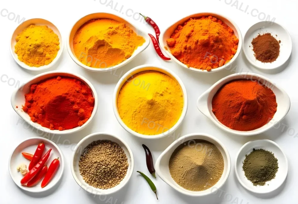 Bowls Of Spices Including Turmeric Chili Peppers Cumin Coriander And Other Ingredients Arranged On A White Surface Creating A Vibrant And Colorful Display Of Culinary Ingredients 25 5702