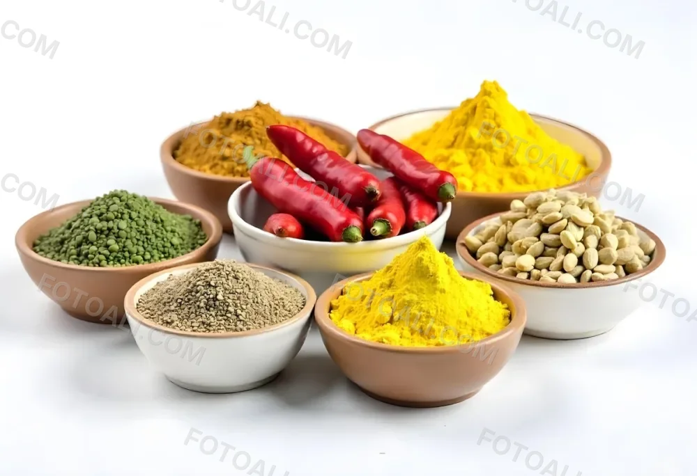 Bowls Of Spices Including Turmeric Chili Peppers Cumin Coriander And Other Ingredients Arranged On A White Surface Creating A Vibrant And Colorful Display Of Culinary Ingredients 28 Fce1