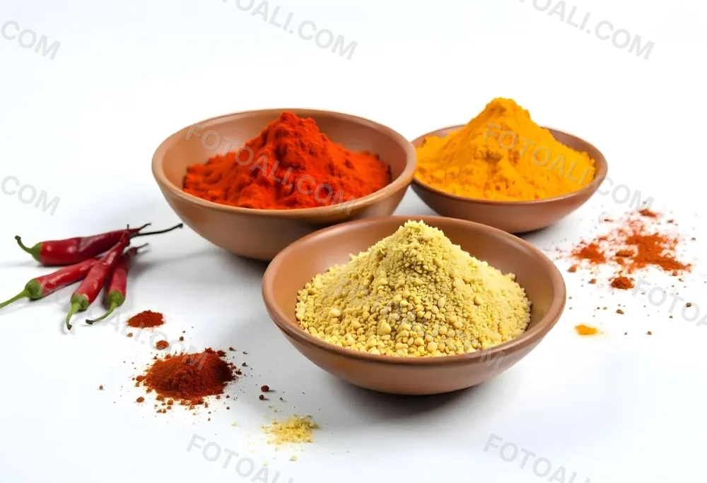 Bowls Of Spices Including Turmeric Chili Peppers Cumin Coriander And Other Ingredients Arranged On A White Surface Creating A Vibrant And Colorful Display Of Culinary Ingredients 29 E9ab
