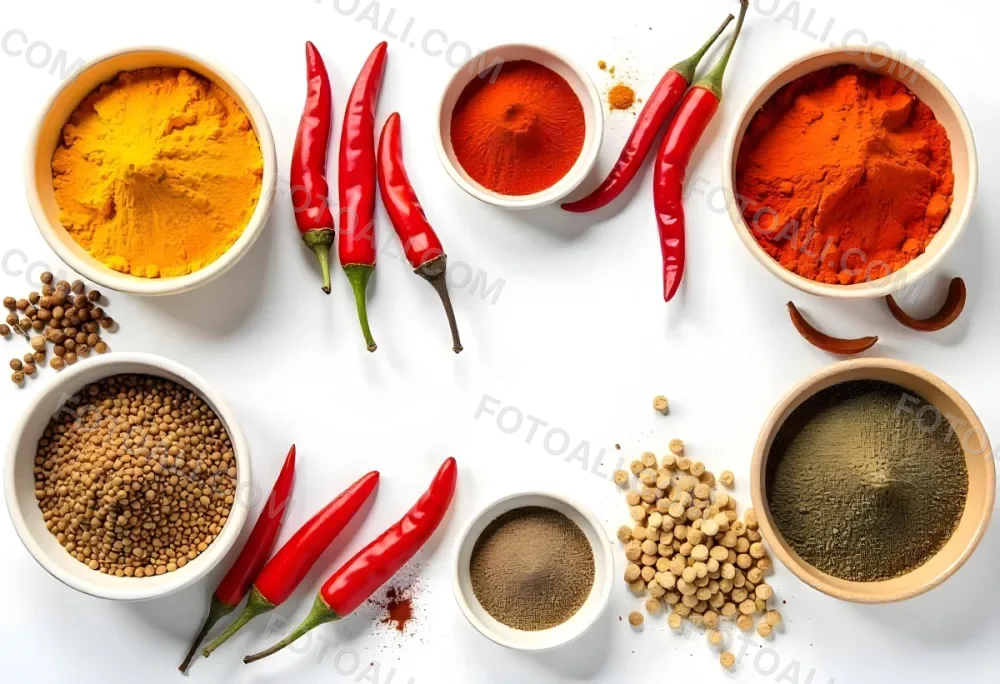 Bowls Of Spices Including Turmeric Chili Peppers Cumin Coriander And Other Ingredients Arranged On A White Surface Creating A Vibrant And Colorful Display Of Culinary Ingredients 3 775f