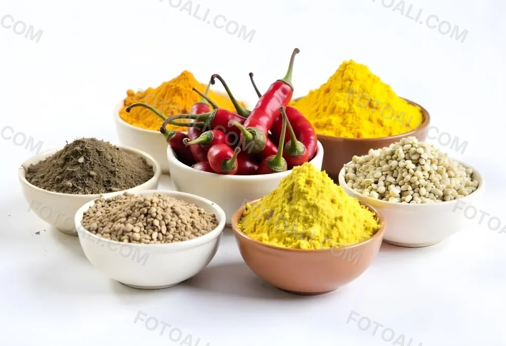 Bowls Of Spices Including Turmeric Chili Peppers Cumin Coriander And Other Ingredients Arranged On A White Surface Creating A Vibrant And Colorful Display Of Culinary Ingredients 30 A406