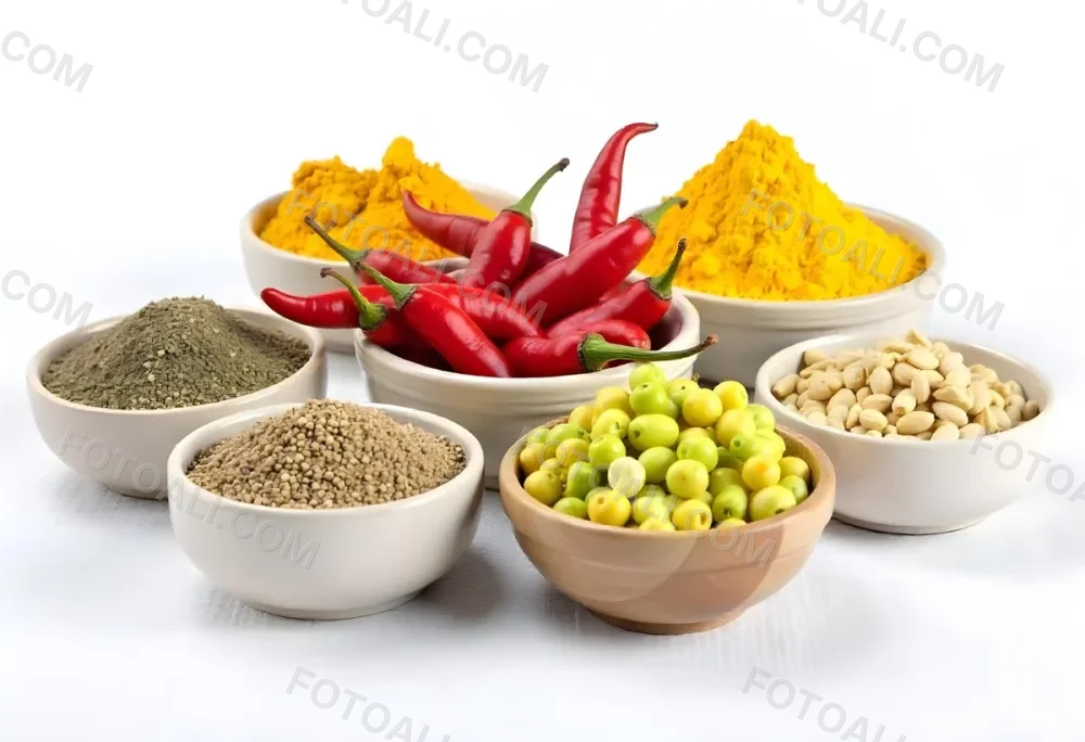 Bowls Of Spices Including Turmeric Chili Peppers Cumin Coriander And Other Ingredients Arranged On A White Surface Creating A Vibrant And Colorful Display Of Culinary Ingredients 32 A3d3