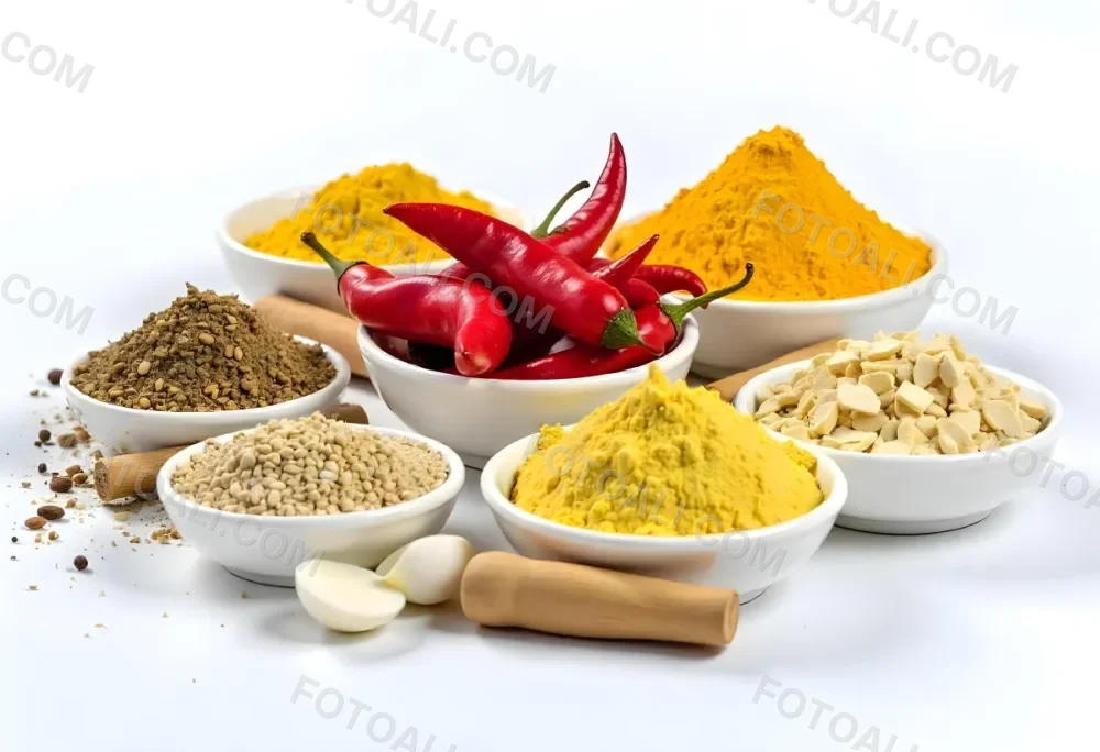 Bowls Of Spices Including Turmeric Chili Peppers Cumin Coriander And Other Ingredients Arranged On A White Surface Creating A Vibrant And Colorful Display Of Culinary Ingredients 33 1419