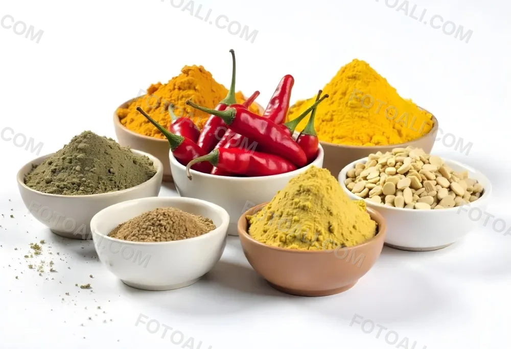 Bowls Of Spices Including Turmeric Chili Peppers Cumin Coriander And Other Ingredients Arranged On A White Surface Creating A Vibrant And Colorful Display Of Culinary Ingredients 4 5d8b