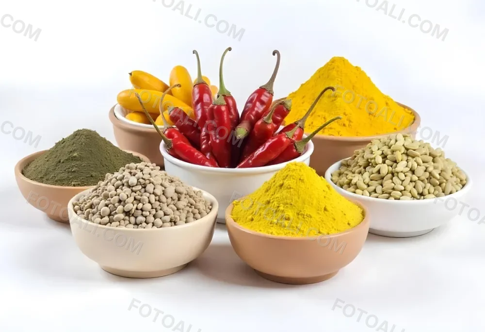 Bowls Of Spices Including Turmeric Chili Peppers Cumin Coriander And Other Ingredients Arranged On A White Surface Creating A Vibrant And Colorful Display Of Culinary Ingredients 5 70e5