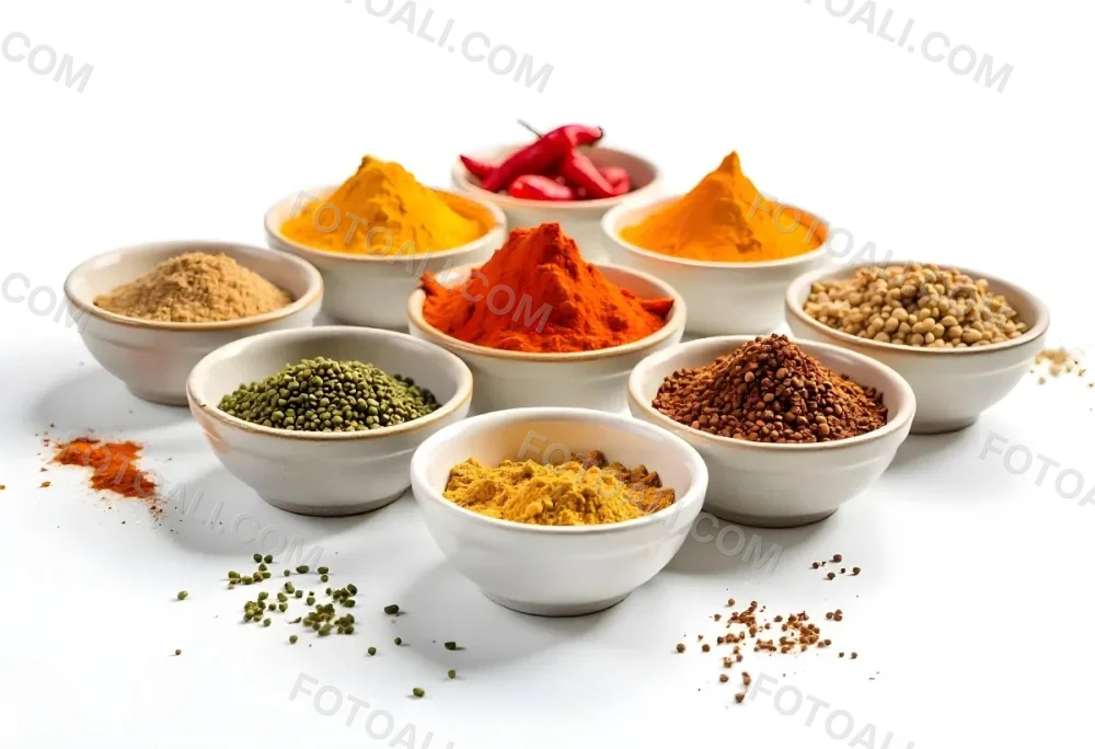 Bowls Of Spices Including Turmeric Chili Peppers Cumin Coriander And Other Ingredients Arranged On A White Surface Creating A Vibrant And Colorful Display Of Culinary Ingredients 6 5a21