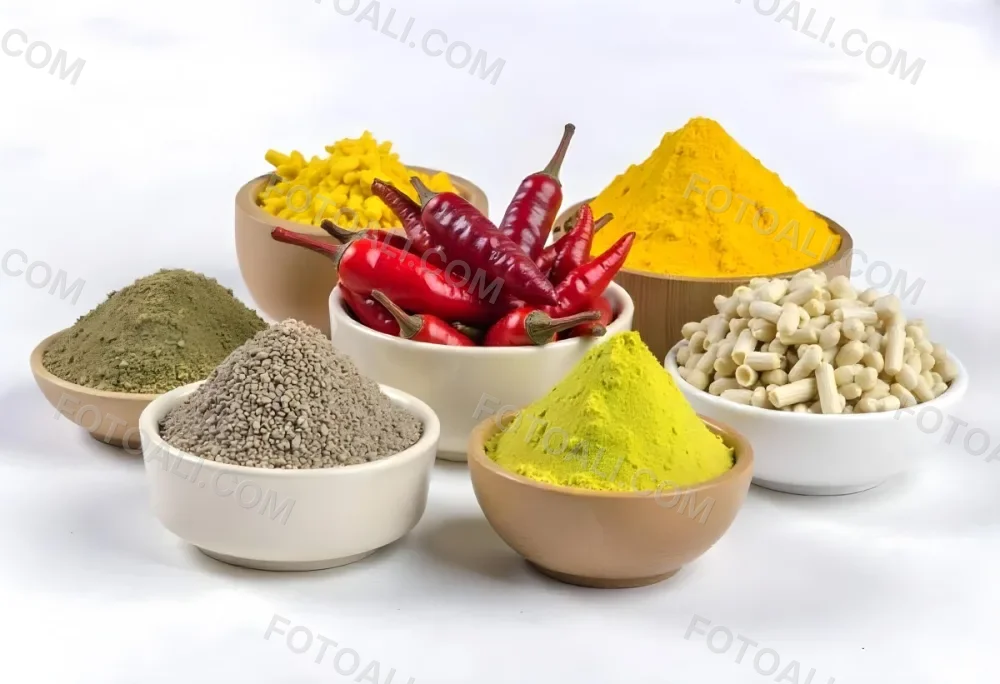 Bowls Of Spices Including Turmeric Chili Peppers Cumin Coriander And Other Ingredients Arranged On A White Surface Creating A Vibrant And Colorful Display Of Culinary Ingredients 7 67bd