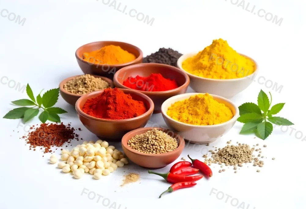 Bowls Of Spices Including Turmeric Chili Peppers Cumin Coriander And Other Ingredients Arranged On A White Surface Creating A Vibrant And Colorful Display Of Culinary Ingredients 8 7b2a