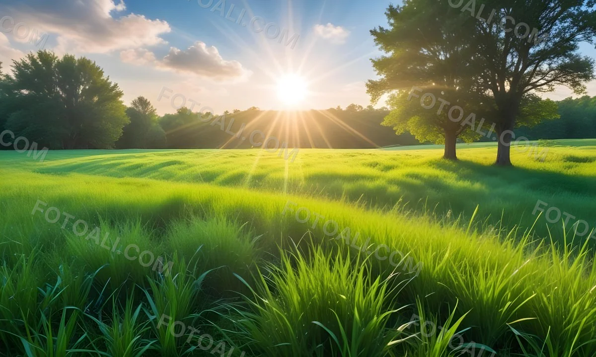 Bright Blue Sky With Sun Rays Blurred Green Grass In The Foreground 10 2626