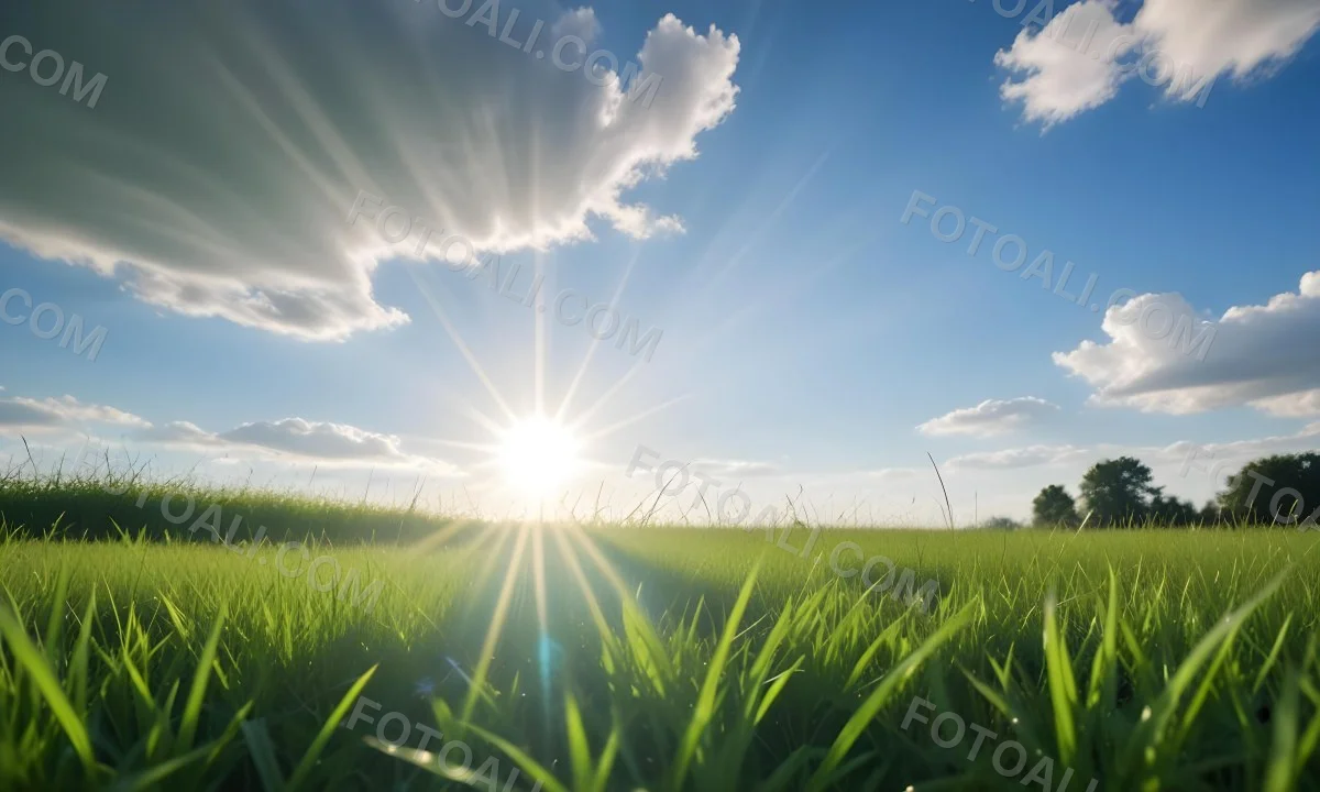 Bright Blue Sky With Sun Rays Blurred Green Grass In The Foreground 11 32ce