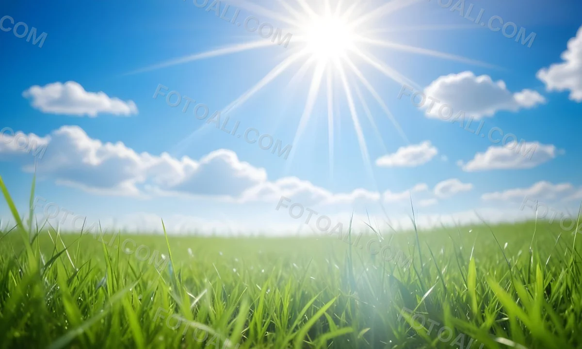 Bright Blue Sky With Sun Rays Blurred Green Grass In The Foreground 12 E206