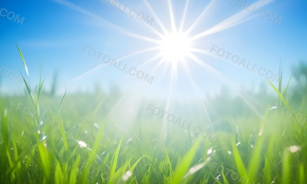 Bright Blue Sky With Sun Rays Blurred Green Grass In The Foreground 13 A9c4