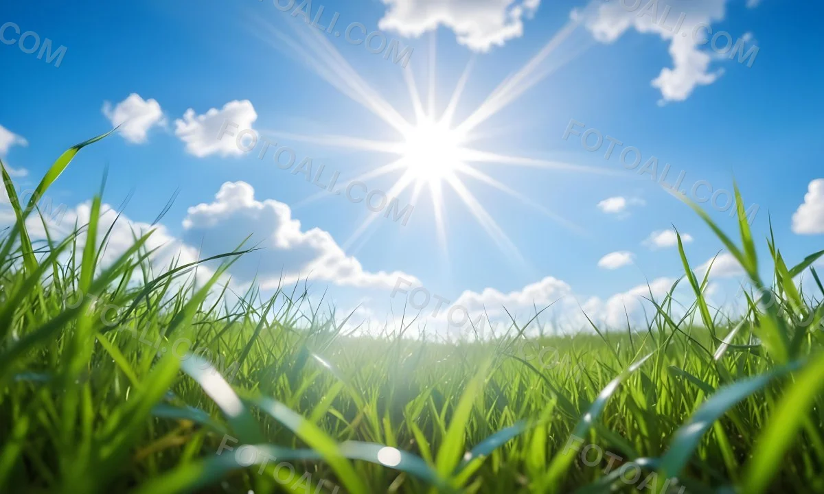 Bright Blue Sky With Sun Rays Blurred Green Grass In The Foreground 14 6809