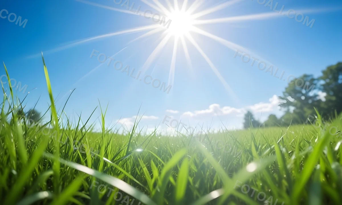Bright Blue Sky With Sun Rays Blurred Green Grass In The Foreground 16 7cbe