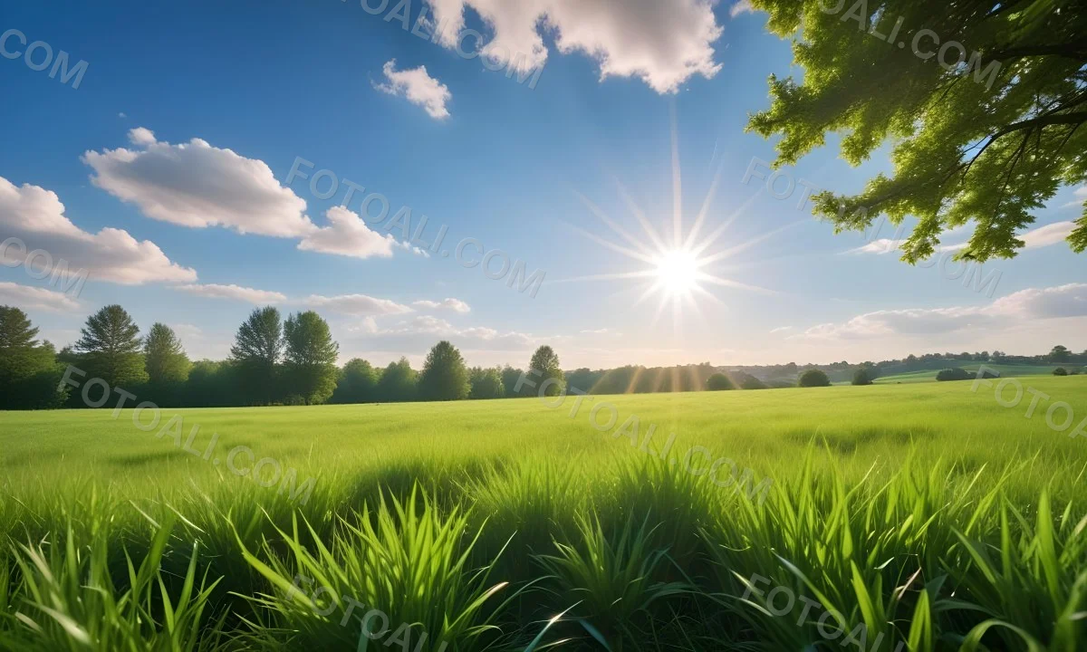 Bright Blue Sky With Sun Rays Blurred Green Grass In The Foreground 18 Bdf3