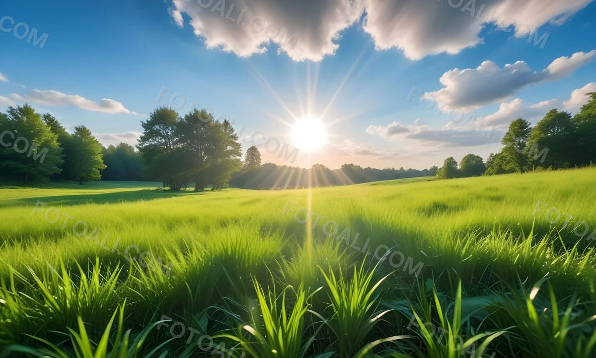 Bright Blue Sky With Sun Rays Blurred Green Grass In The Foreground 19 7907