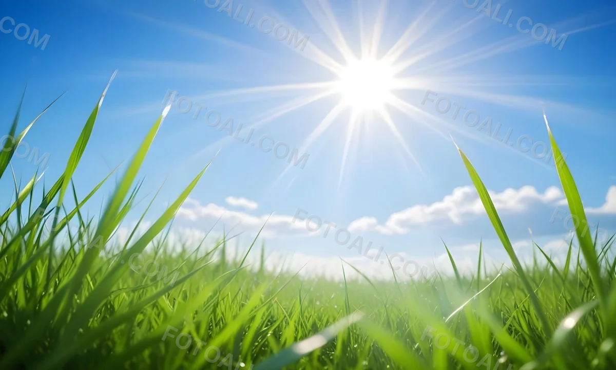 Bright Blue Sky With Sun Rays Blurred Green Grass In The Foreground 3 3970