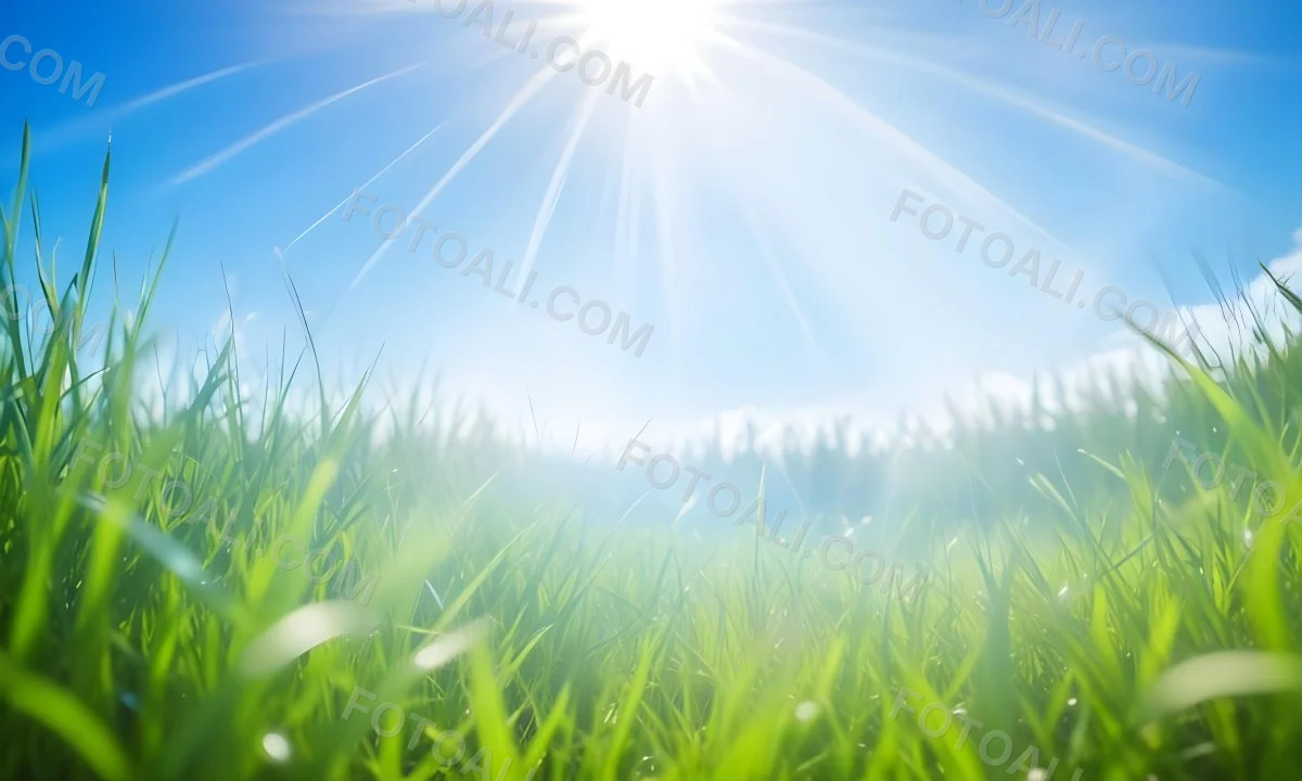 Bright Blue Sky With Sun Rays Blurred Green Grass In The Foreground 4 E3aa