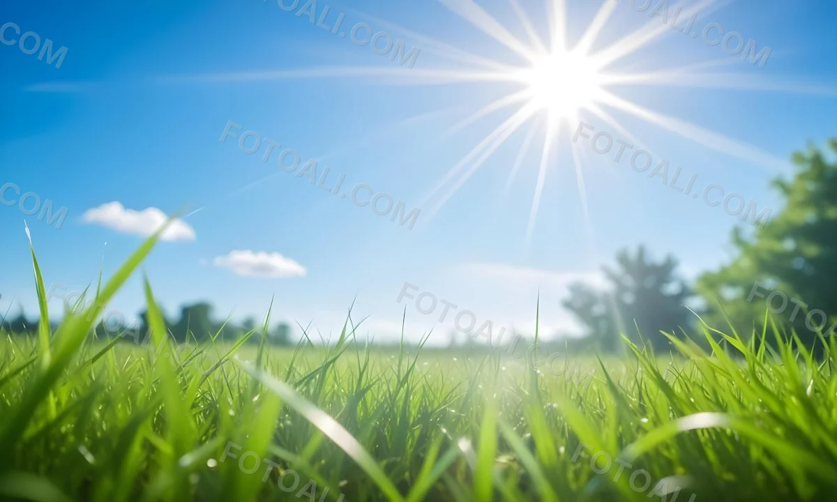 Bright Blue Sky With Sun Rays Blurred Green Grass In The Foreground 6 597d
